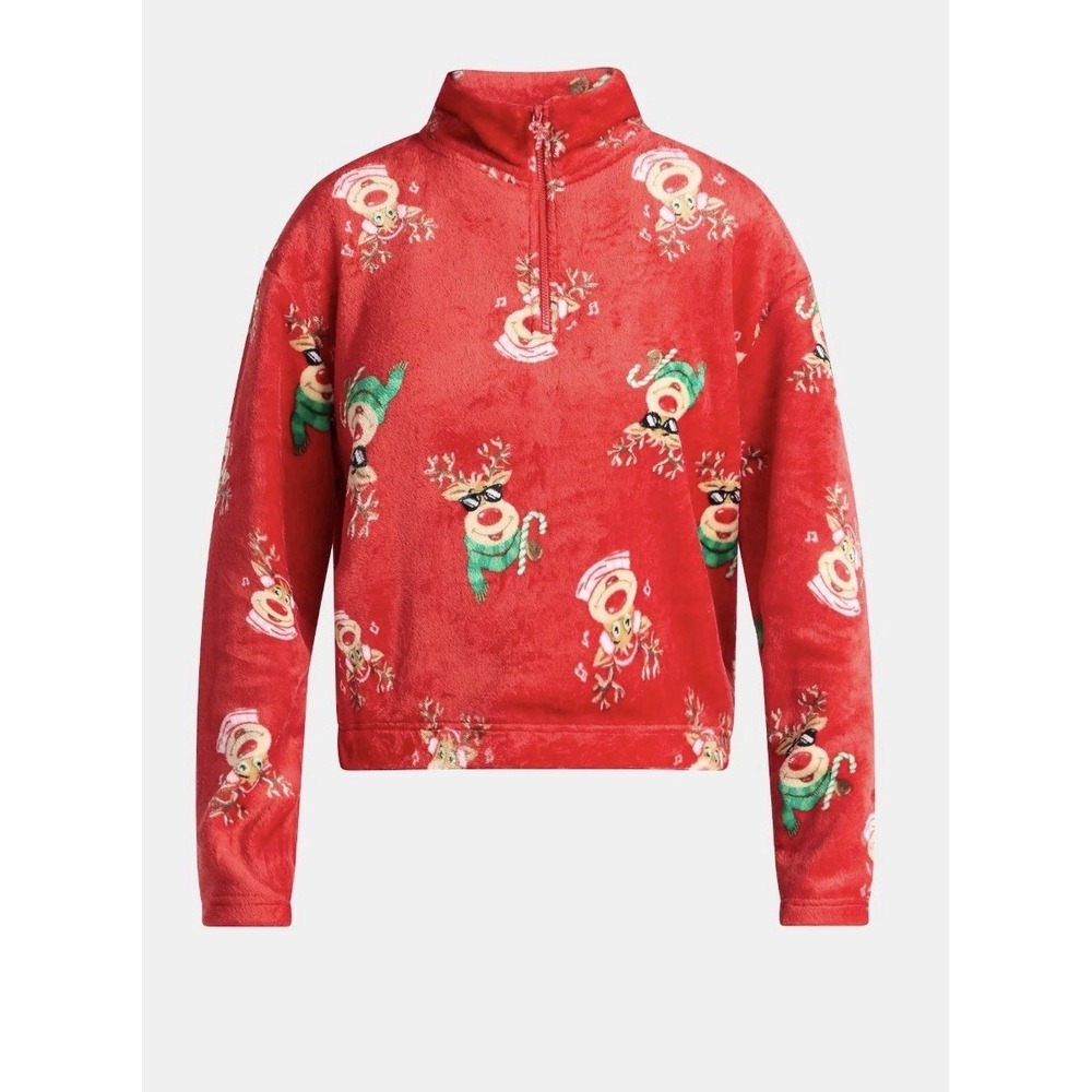 No Boundaries Christmas Reindeer Plush Quarter Zip Mock Neck Top Red XXS New